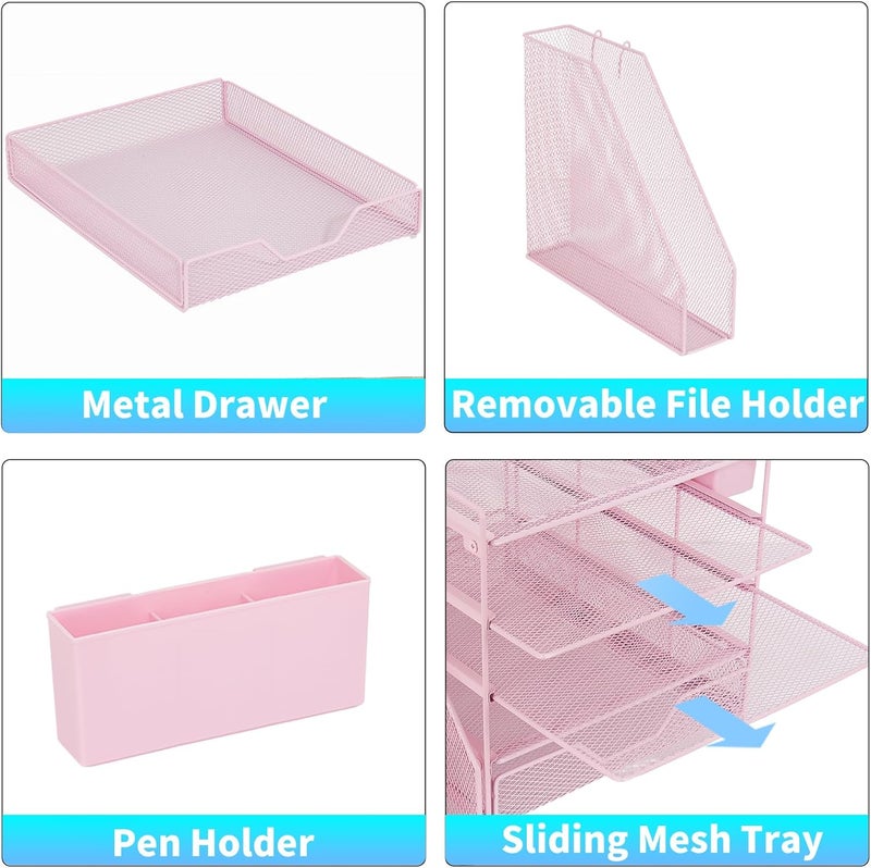 Gugsey Desk Organizer, 5-Tier Paper Letter Tray Organizer with File Holder, Drawer and Pen Holder, Desktop Organizer for Office Supplies, Pink - Image 3